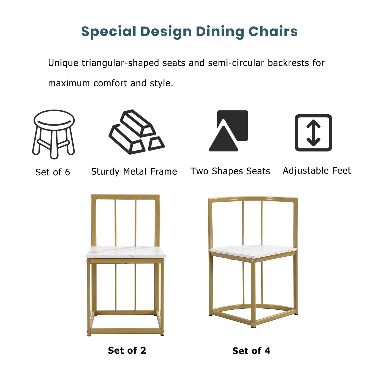 Metal 7 Piece Kitchen Dining Table Set with Chairs for Saving Space Metal Dining Room Table Set for 6 Persons, Golden White