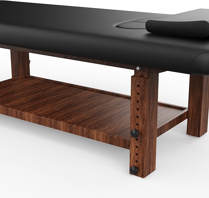 pouseayar Stationary Massage Table with Adjustable Height Legs for Treatment, Physical Therapy, Spa Facial Professional Massage Bed, Black PU Leather 31.5'' Wide - 700LBS Load, Heavy Duty Wood Frame