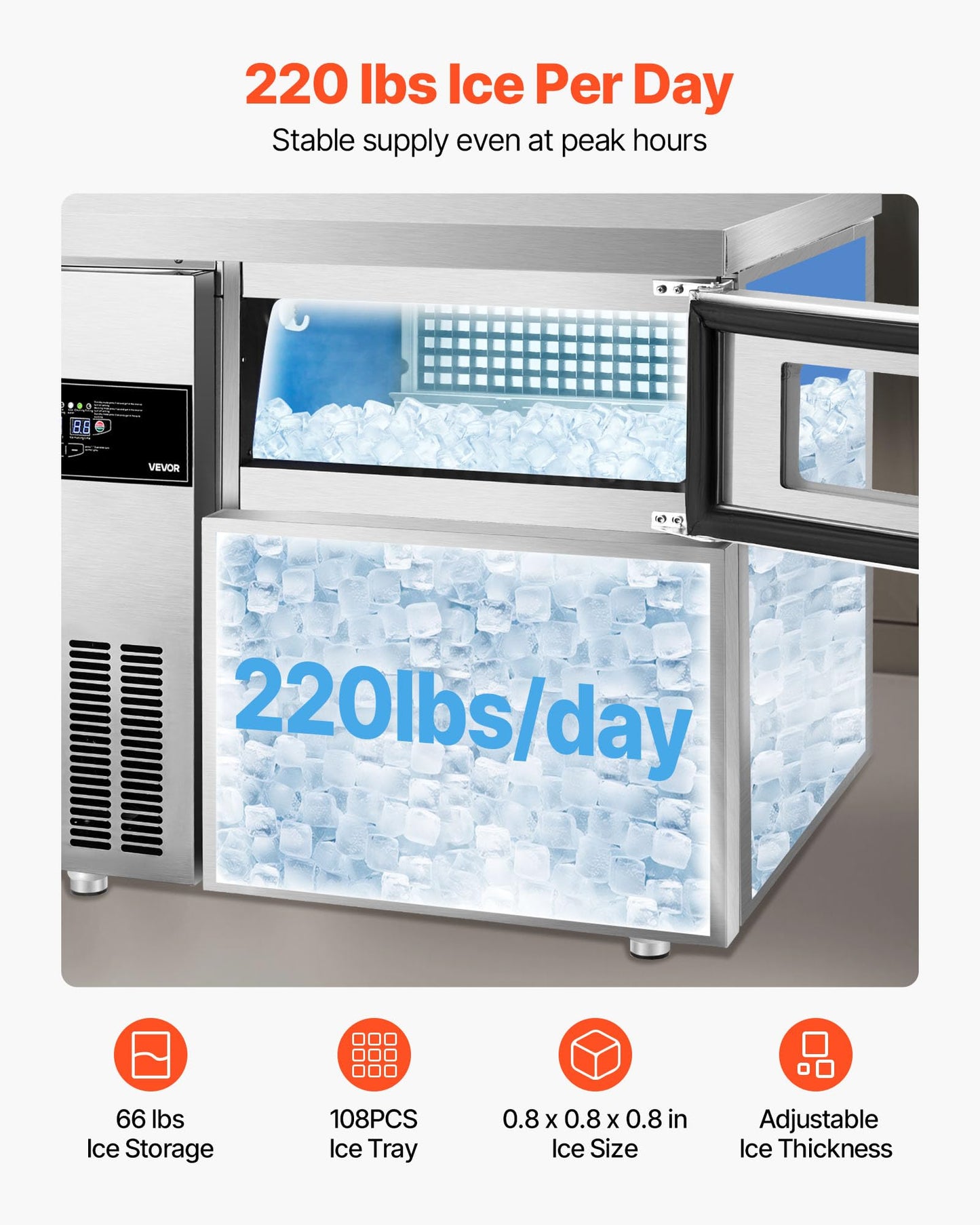 Vevor Commercial Ice Maker Machine, 220 Lbs/24H Stainless Steel Ice Machine With Worktop, 66 Lbs Ice Storage Bin & Touch Screen,
