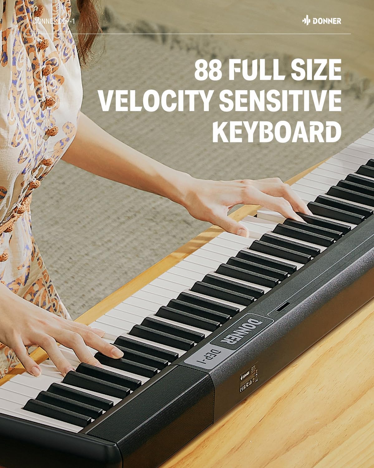 Donner Piano Keyboard 88 Keys, Beginner Digital Piano Velocity-Sensitive Keys, Portable Electric Piano with Stand, Sustain Pedal, Carrying Case and Keyboard Stickers, DEP-1
