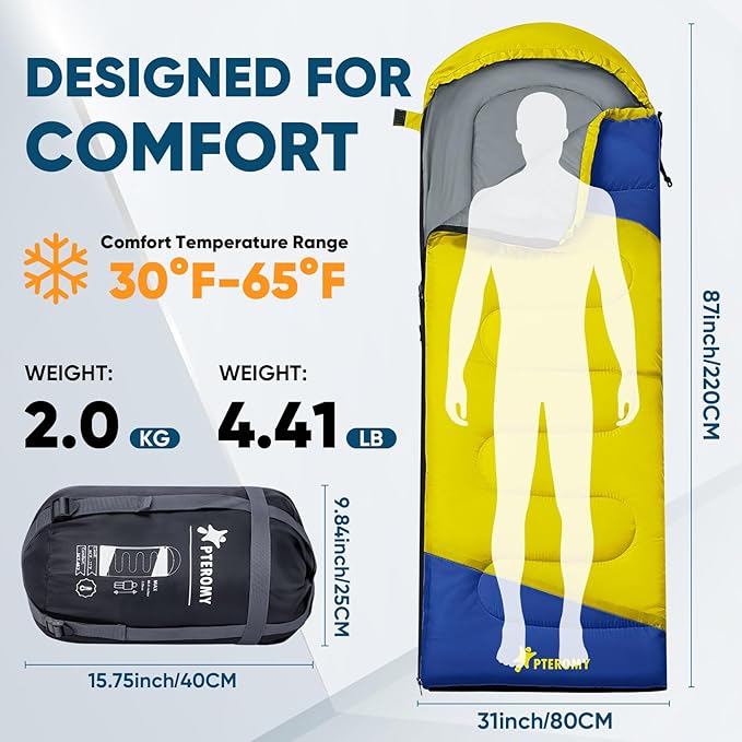 PTEROMY Sleeping Bags for Adults, Lightweight and Machine Washable, Water Resistant Backpacking Camping Sleeping Bag for Warm Cold Weather, Camping Essentials for Hiking Travel
