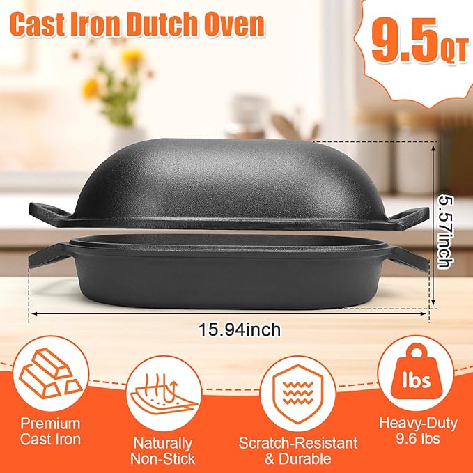 QuliMetal 16"x10" Oval Cast Iron Dutch Oven for Bread Baking, Bread Loaf Pan With Sourdough Bread Making Kit, Pre-Seasoned Bread Dutch Oven With Lid, 9.5QT, 13 LBS Heavy Duty, Homemade Breadmaking