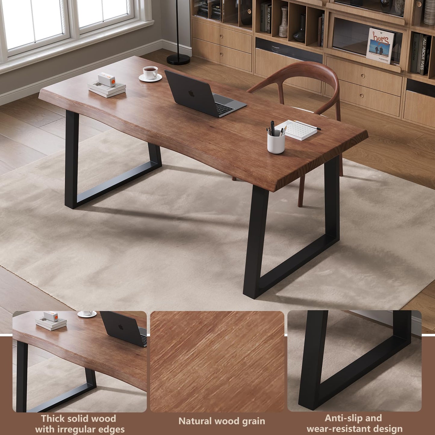 Pine computer desk, modern solid wood home office desk, long rural farmhouse pine dining table, administrative workstation computer desk, suitable for living room and dining room (63inch)
