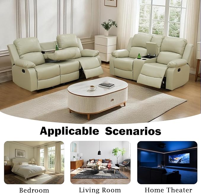 Caberryne 2 Pieces Leather Recliner Sofa Set，Recliner Sofa and Loveseat Sets for Living Room Furniture，Beige Reclining Couch with 4 Recliners for Living Room/Office/Theater Seating(Sofa Set 2 Pieces)
