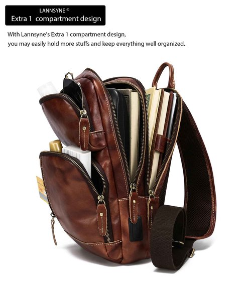 LANNSYNE Men's Vintage Full Grain Leather Sling Bag, Crossbody Chest Daypack fits 10.5" iPad