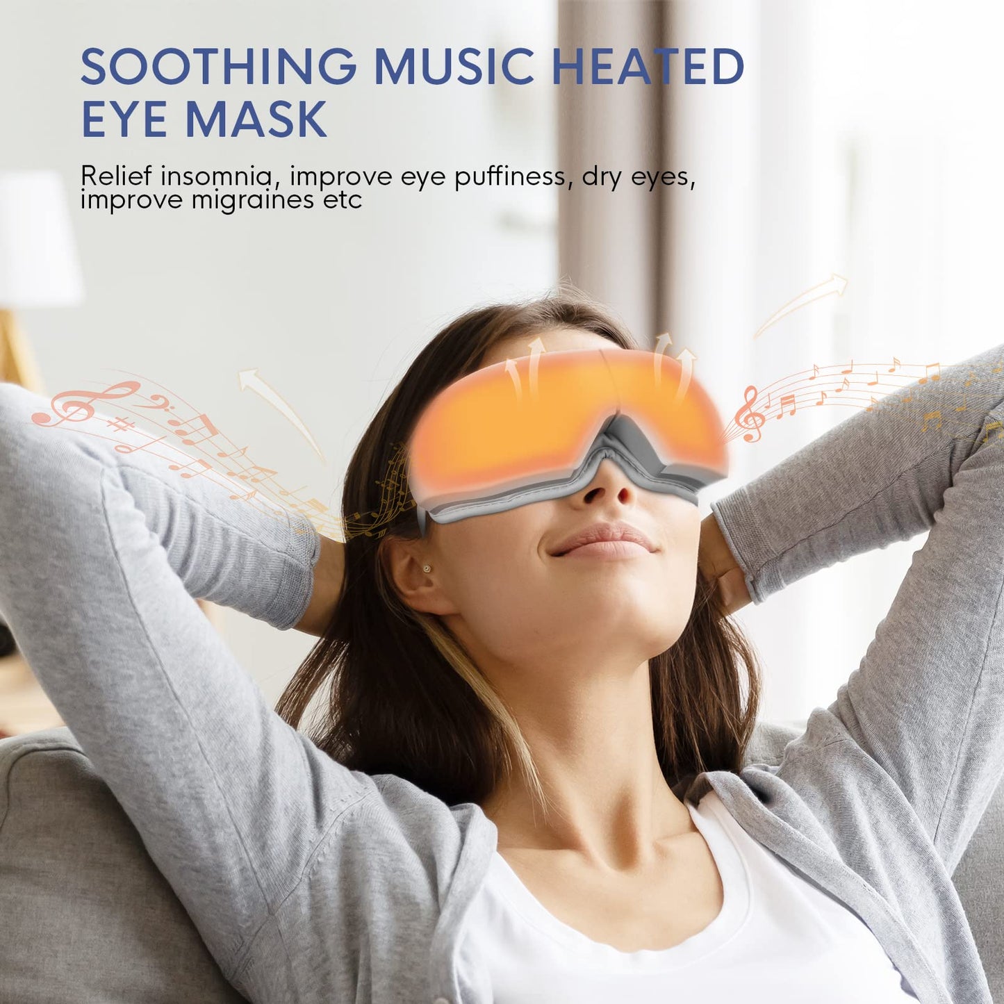 NOWWISH Eye Massager with Heat, Vibration and Bluetooth Music for Migraine Headache Relief, Cordless Heated Eye Mask with 6 Massage Modes, Relaxation -Birthday Gifts for Women Men -White