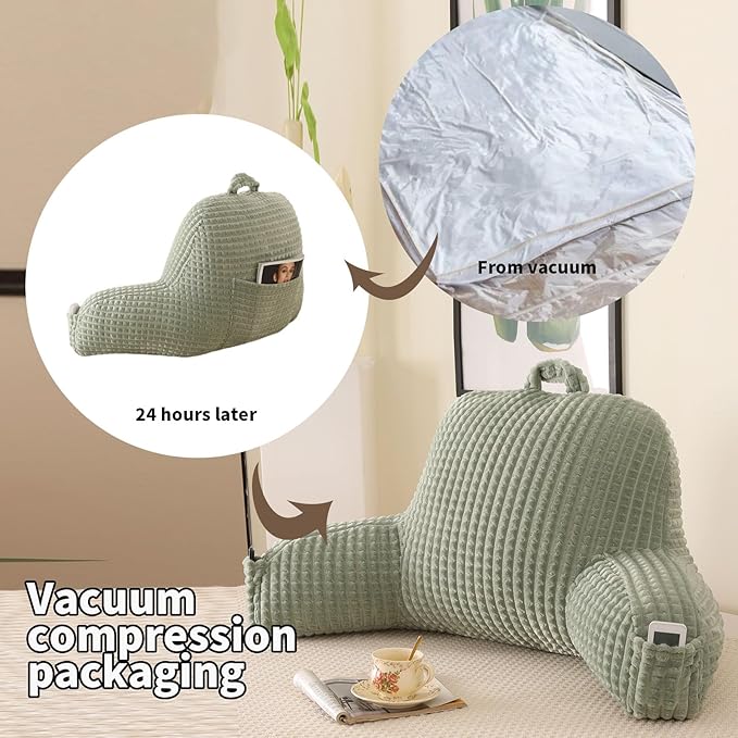 PAJEO Reading Pillow for Sitting in Bed, Large Backrest Reading Pillow with Arm Rest,Back-Rest Support Cushion for Sit Up on Couch, Sofa, and Floor, Dorm Essentials (Green Flannel, Standard(17inch))