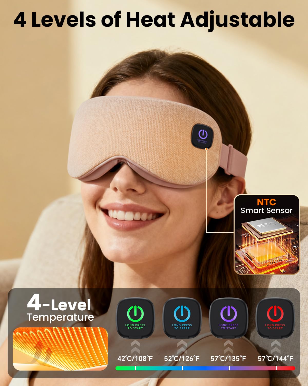 Heated Eye Mask - Cordless Eye Mask for Dry Eyes, Eye Relief, Improved Sleep, 4 Temperature, Washable Eye Heating Pad for Travel and with Replaceable Shell, Gifts for Women