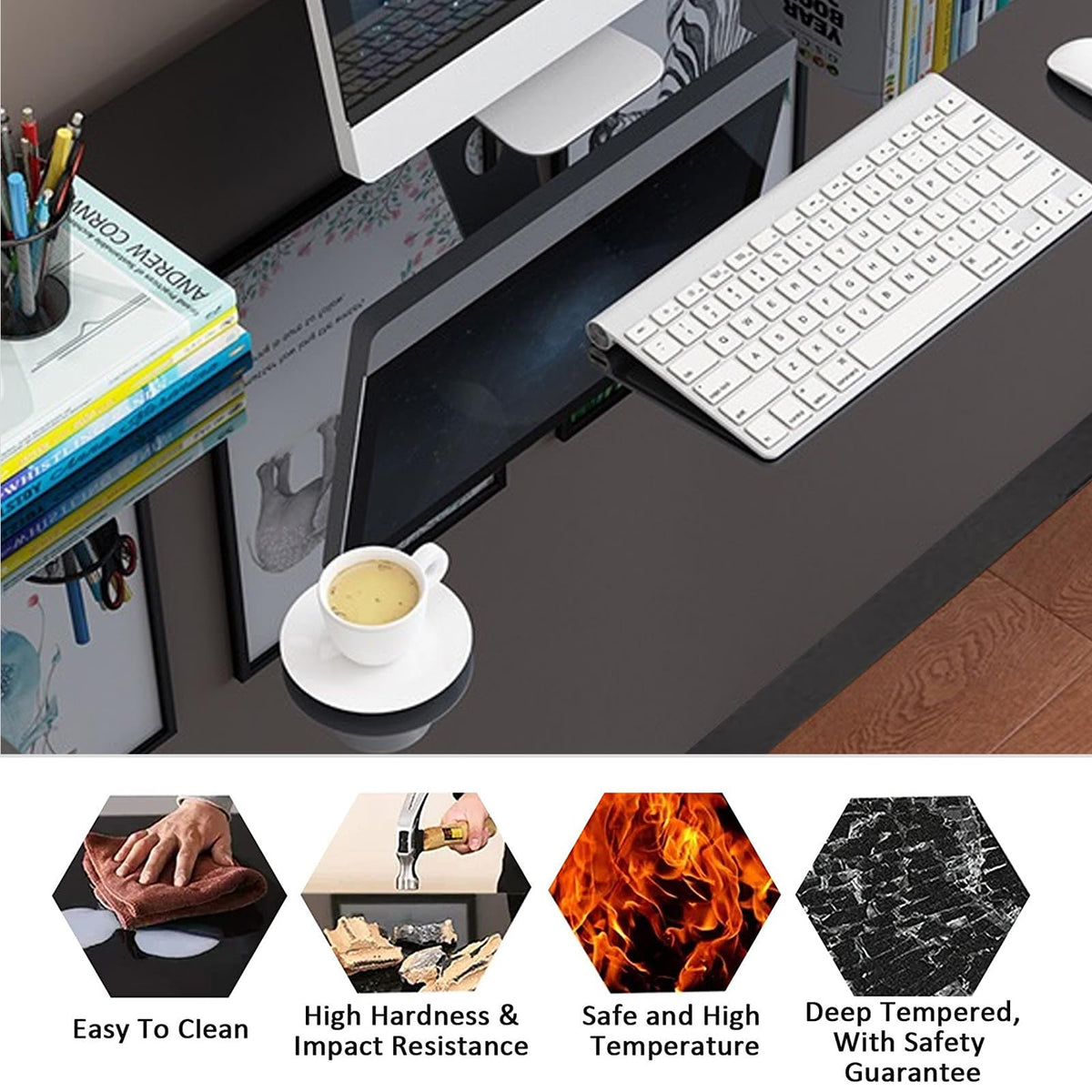 IPKIG Glass Computer Desk, Modern Computer Desk with Carbon Steel Frame and Glass Top, Home Office Desks Computer Table Study Writing Desk Workstation for Living Room (Black, 55.1 Inch)
