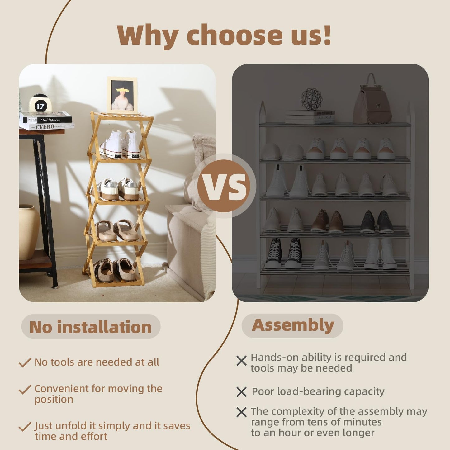 Foldable Shoe Rack - Multi-Tier Bamboo Shoe Rack for Entryway, Living Room, Kitchen, Closet - Space Saving Organizer for Shoes, Books, Cookware - Sturdy & Eco-Friendly Design, Easy Assembly(5 Layers)
