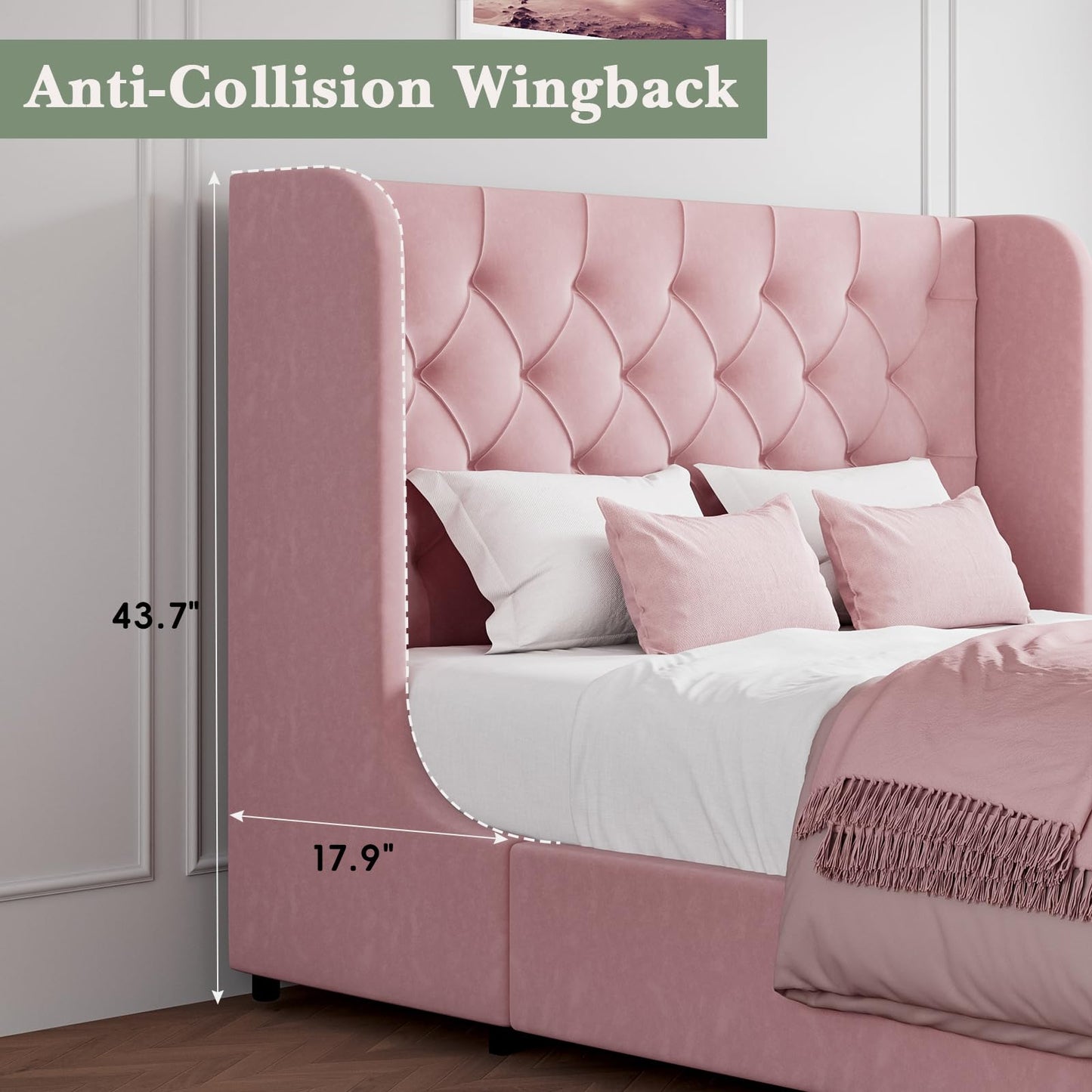 HOMBCK Pink Full Size Bed Frame, Upholstered Platform Bed Frame with Velvet Tufted Headboard, Curved Wingback Design, Wooden Slats, No Box Spring, Noise Free, Easy Assembly