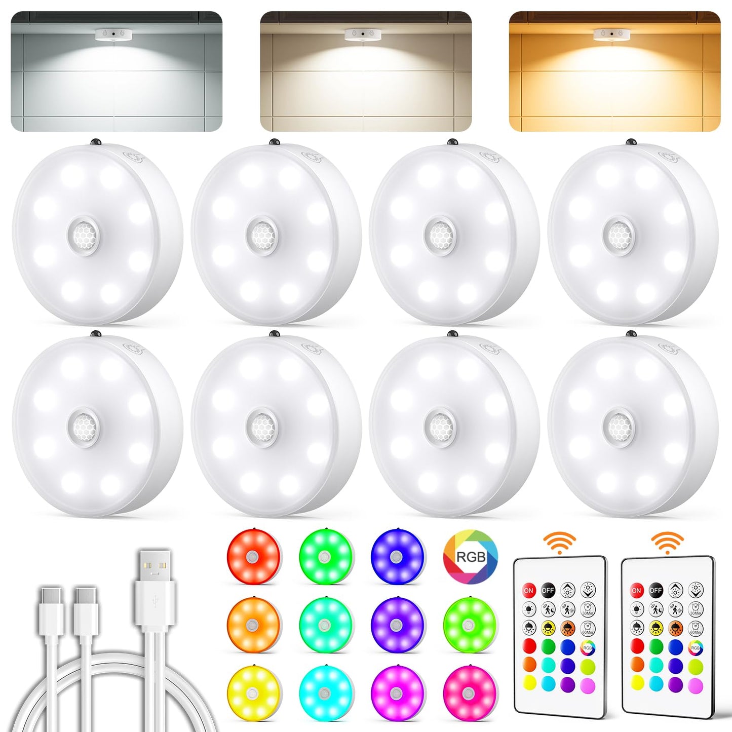 LENOMA Puck Lights with Remote Control, Rechargeable Under Cabinet Lighting, 3 Color Temps, 12 RGB Color LED Motion Sensor Lights Wireless, Dimmable Tap Lights for Closet, Kitchen, Shelf, Stair