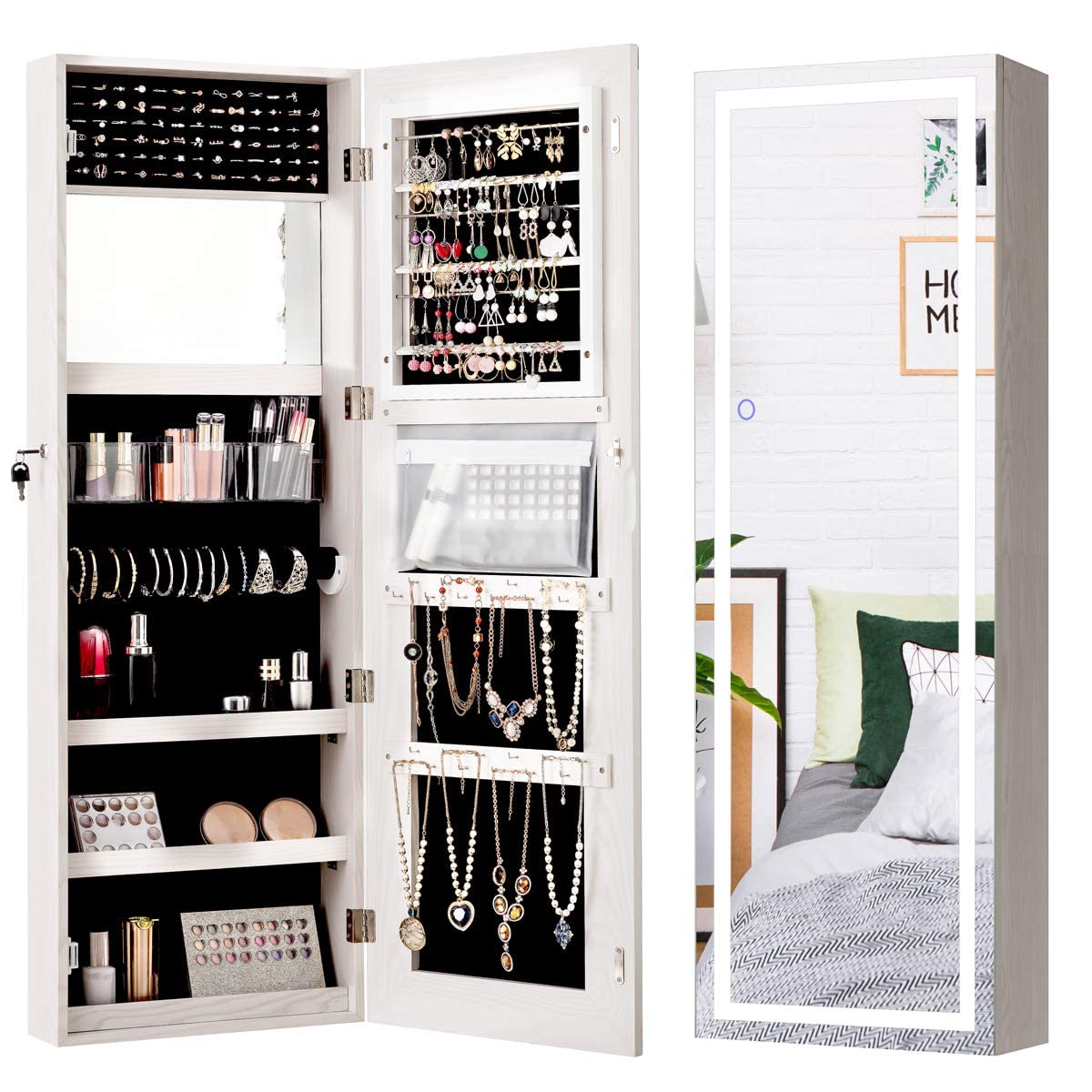 OFFICEJOY 47.5’’ Wall/Door Mounted Jewelry Mirror Cabinet with 3 Adjustable Height, Lockable Jewelry Armoire with LED Touch Screen Mirror, Makeup Full Length Mirrored Jewelry Organizer (White)