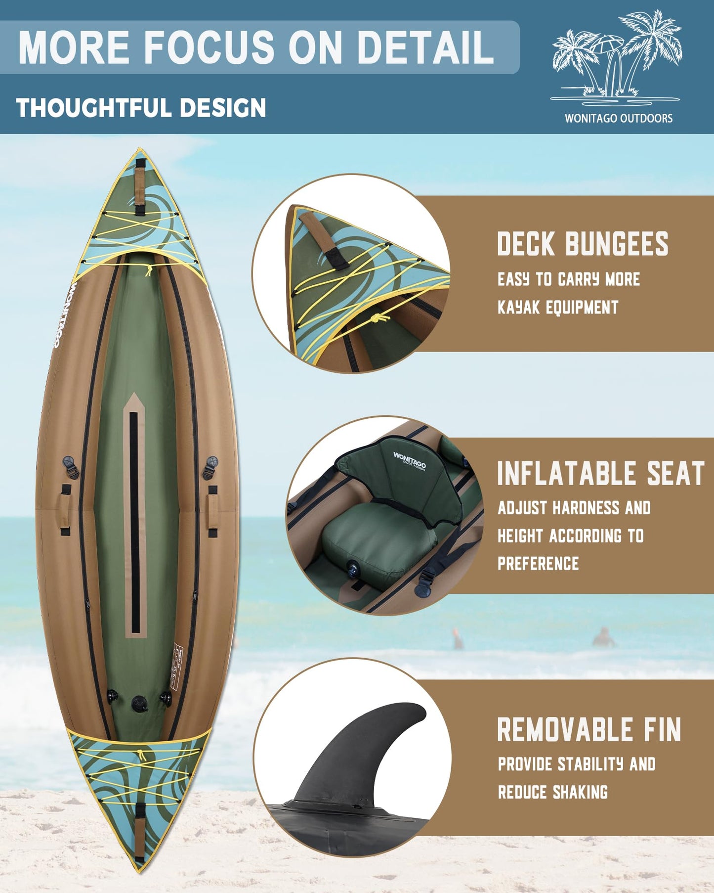 WONITAGO Inflatable Kayak, Recreational Touring Kayak with Adjustable Kayak Paddle, Hand Pump and Carrying Bag, 1 Person, Brown