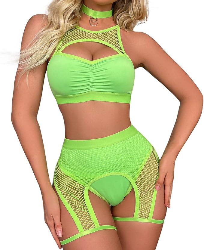 Women Rave Outfits Cutout Fishnet Top Booty Shorts Bottom Choker 3Pcs Babydoll Nightwear Festival Lingerie