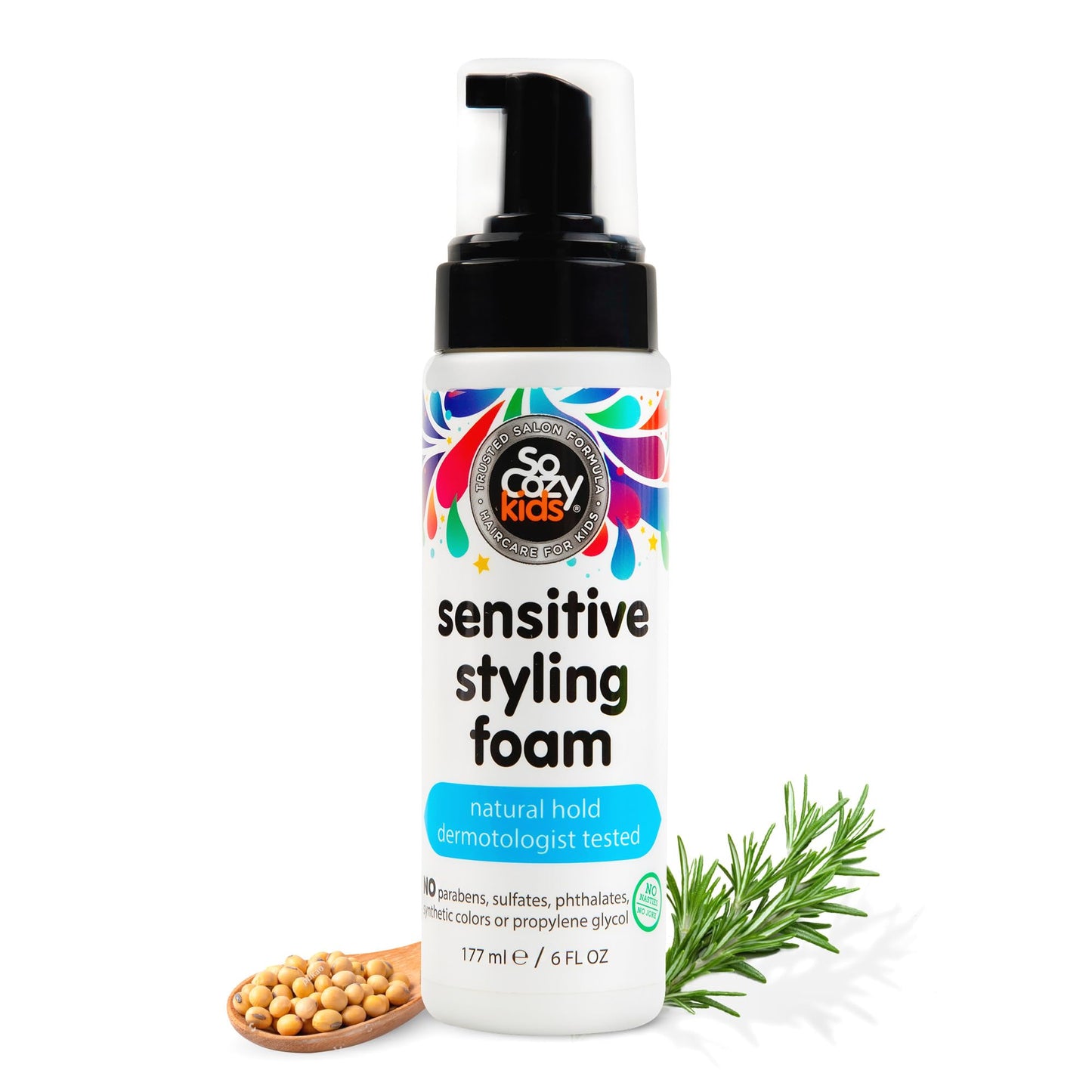 So Cozy Kids Sensitive Styling Foam - Sensitive Foam For Kids w/Straight or Curly Hair - Gentle Natural Hold Styler, Rosemary (6