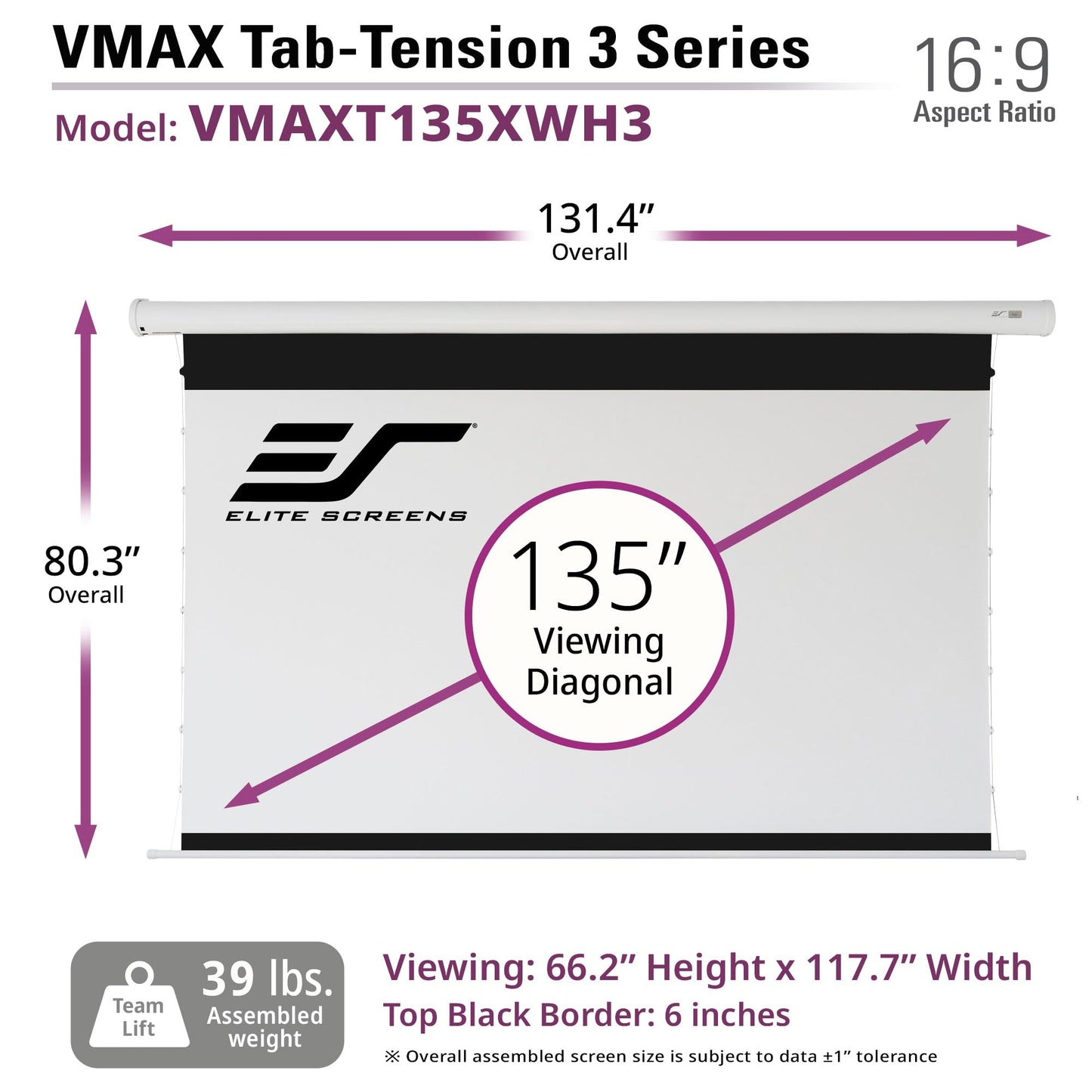 Elite Screens VMAX Tab Tension 3 Series, 135-INCH Electric Motorized Projector Screen Movie Home Theater Gaming, VMAXT135XWH3