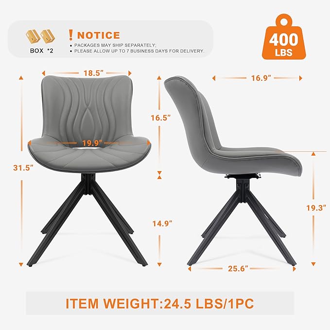 VATROS Dining Chairs Set of 4, 360° Swivel Upholstered Mid-Century Modern Kitchen Dining Room Chairs, Armless Faux Leather Accent Side Chair with Padded Back, Metal Legs for Living Room Bedrooms,Grey
