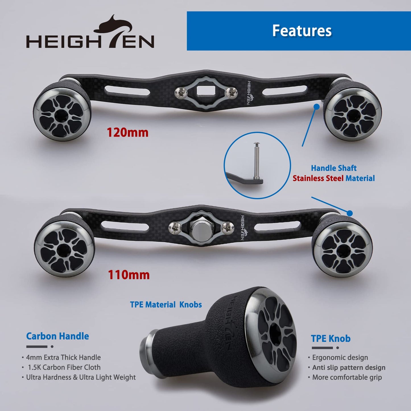 HEIGHTEN 110mm/120mm Fishing Reel Handle for Shimano Daiwa Abu Garcia Penn Kastking Lew's Baitcasting Reel Power Crank Accessory (Black & Silver, 120mm Carbon Handle 24mm TPE Knob) (0431)