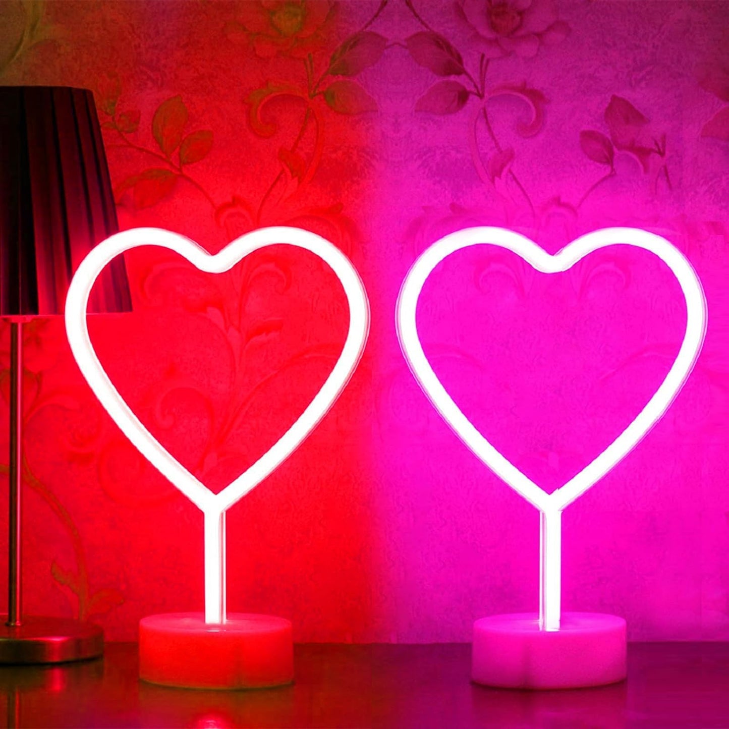 BHCLIGHT 1PK Pink & 1PK Red Heart Neon Sign, Valentines Day LED Neon Light Battery Operated or USB Powered Valentines Heart Lights, Table Lamp for Galentines Day Decorations, Gifts for Women, Lover.