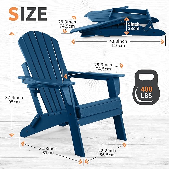 FUNBERRY Folding Adirondack Chair Set of 4, All Weather HDPE Fire Pit Chairs with Cup Holder for Outdoor