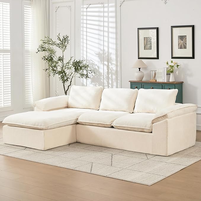 YAAREE 105.6”L Shape Modular Sectional Couch for Living Room, Modern Cloud Sectional 3 Seat Sofa with Oversized Chaise, Woven Texture Upholstery Boneless Couch (Beige, Left Facing Chaise)