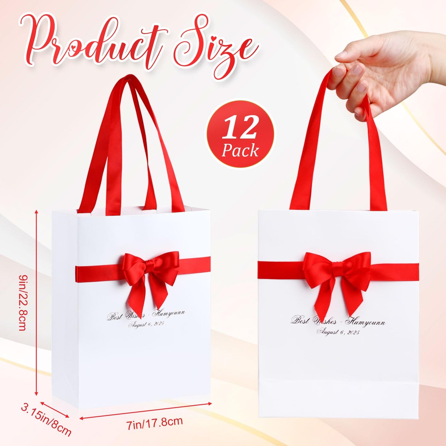 Humyoun 12 Pack White Gift Bags with Bow Ribbon 9 x 7 x 3.15'' Thank You Gift Bags Bulk with Handles for Wedding Bridal Baby Shower Birthday Housewarming Party Favor Holiday
