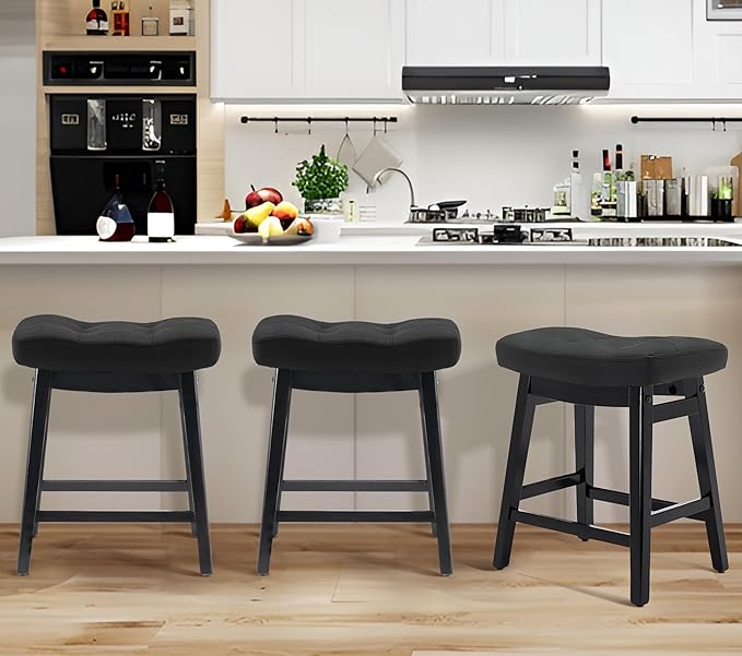 RNKSFX Counter Height Black Bar Stools Set of 6 for Kitchen Counter, Backless Farmhouse Kitchen Island Barstools with Upholstered Faux Leather Saddle Seat and Solid Wood Legs Modern 24 inch Bar Chairs
