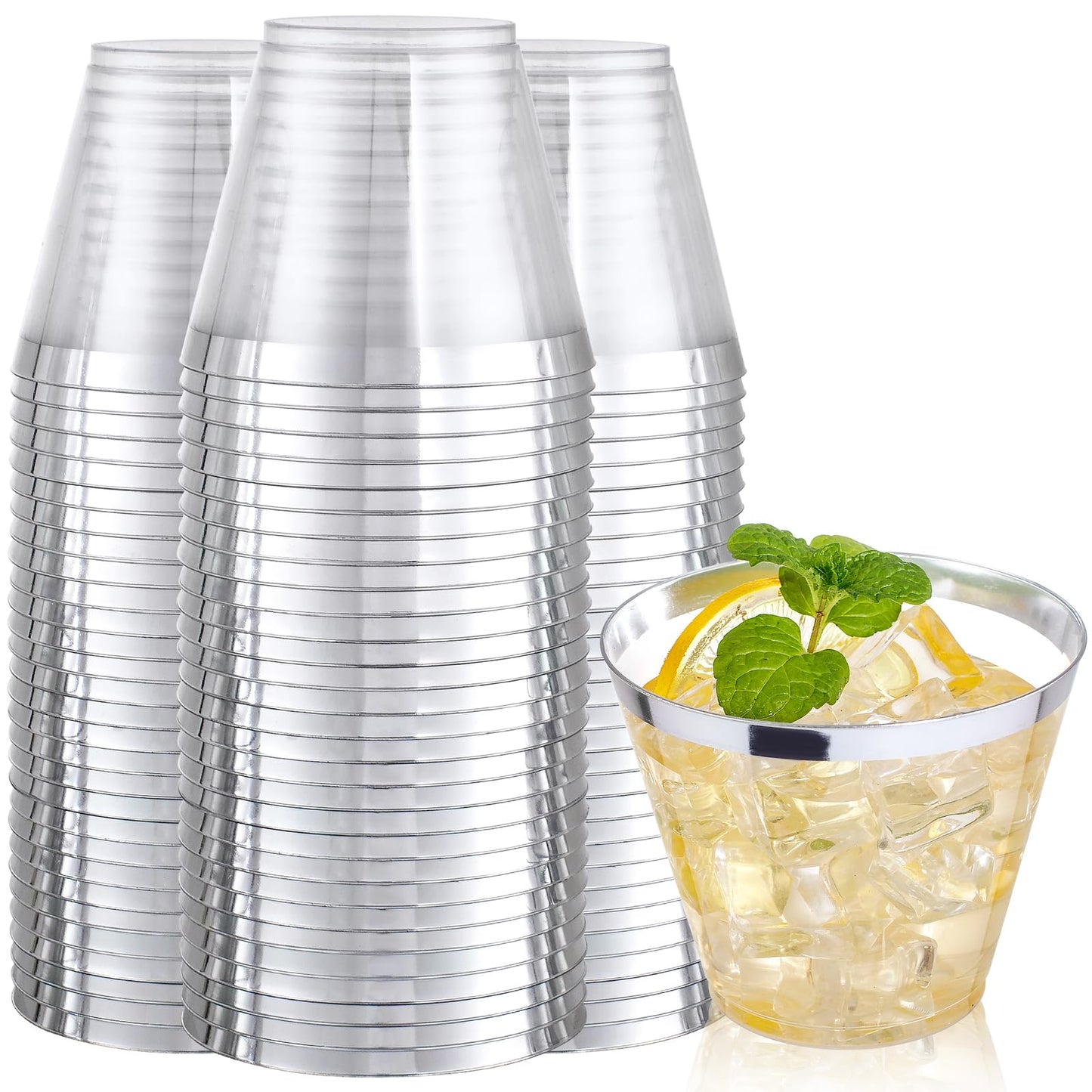 Ciaell 200PCS Silver Plastic Cups - 9Oz Heavy Duty Plastic Cups - Gold Rimmed Cup - Disposable Clear Cup with Gold Rim for Party & Wedding