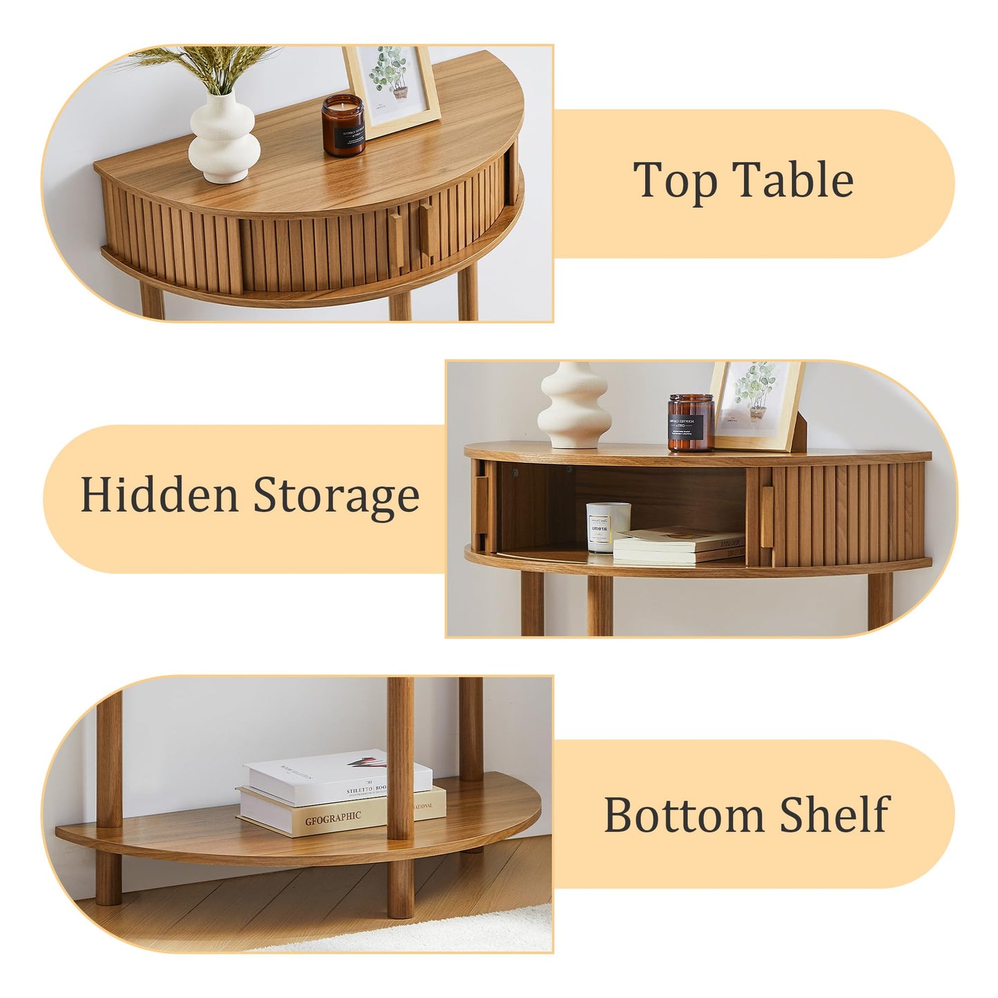 Entryway Table, Half Moon Fluted Console Tables with Storage, Mid Century Modern Small Half Round Sofa Tables for Hallway, Narrow Curved Accent Decor Table for Living Room (Mid-Century Modern, Walnut)