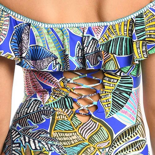 La Blanca Women's Off Shoulder Ruffle One Piece Swimsuit, Multi//Neon Nights, 18