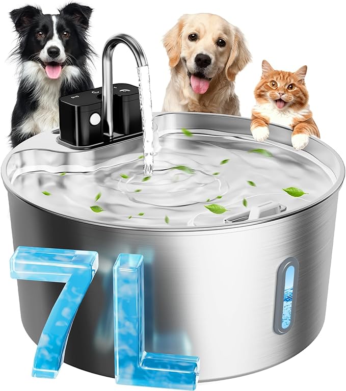 Dog Water Fountain for Large Dogs, 7L/1.8Gal 4200mAh Cordless Water Dispenser for Dogs, Stainless Steel Automatic Pet Wate...