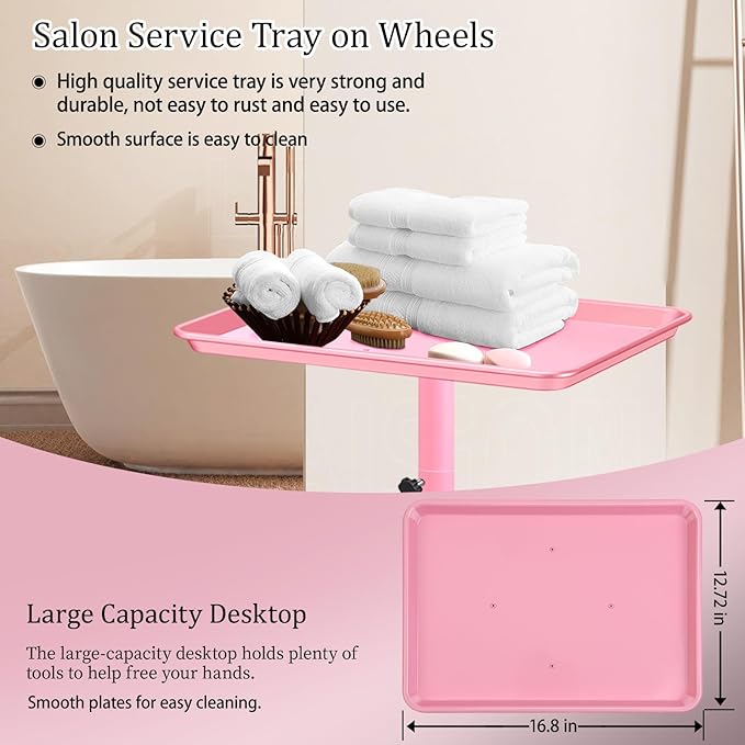Salon Tray on Wheels,Height Adjustable Hairstylist Rolling Tray Cart,Color Trays for Salon or Home Use,Pink