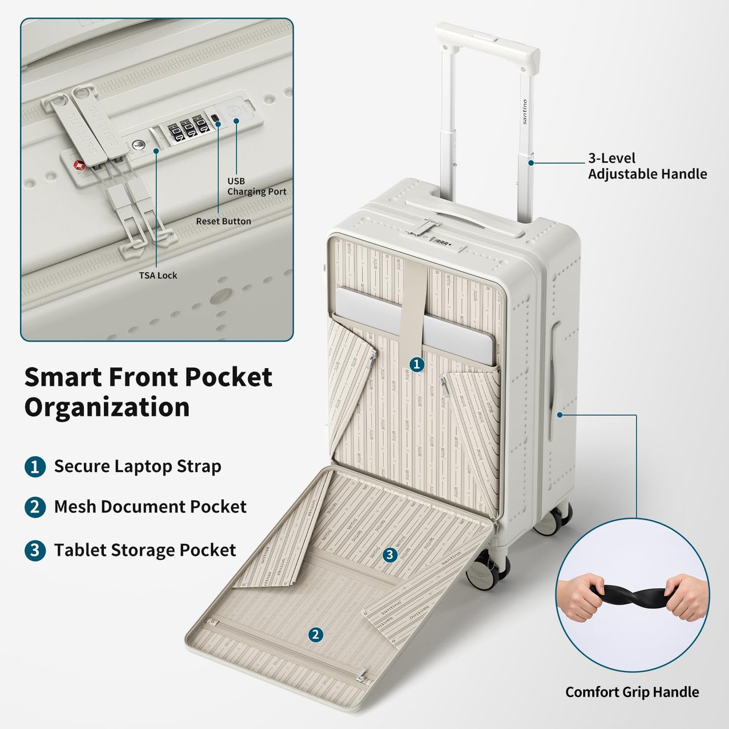 Santino Carry On Luggage 22x14x9 Airline Approved 20 Inch baggage pc Hard Shell Suitcase with Spinner Wheels TSA Lock with USB Port and Cup Holder and phone holder Top Opening Suitcase