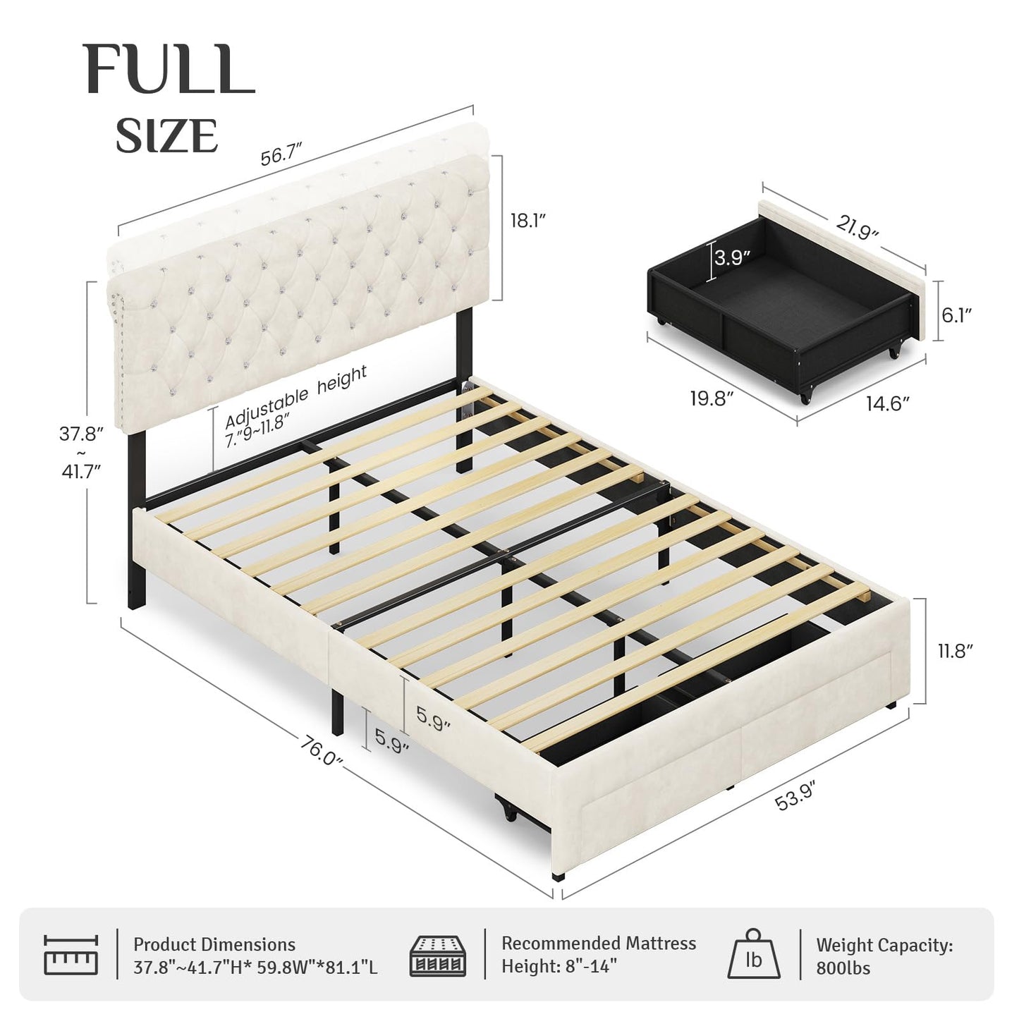 Belffin Full Size Bed Frame with 2 Storage Drawers, Upholstered Bed Frame with Adjustable Diamond Headboard, Velvet Modern Platform Bed Frame, No Box Spring Needed, Easy to Assemble, Beige