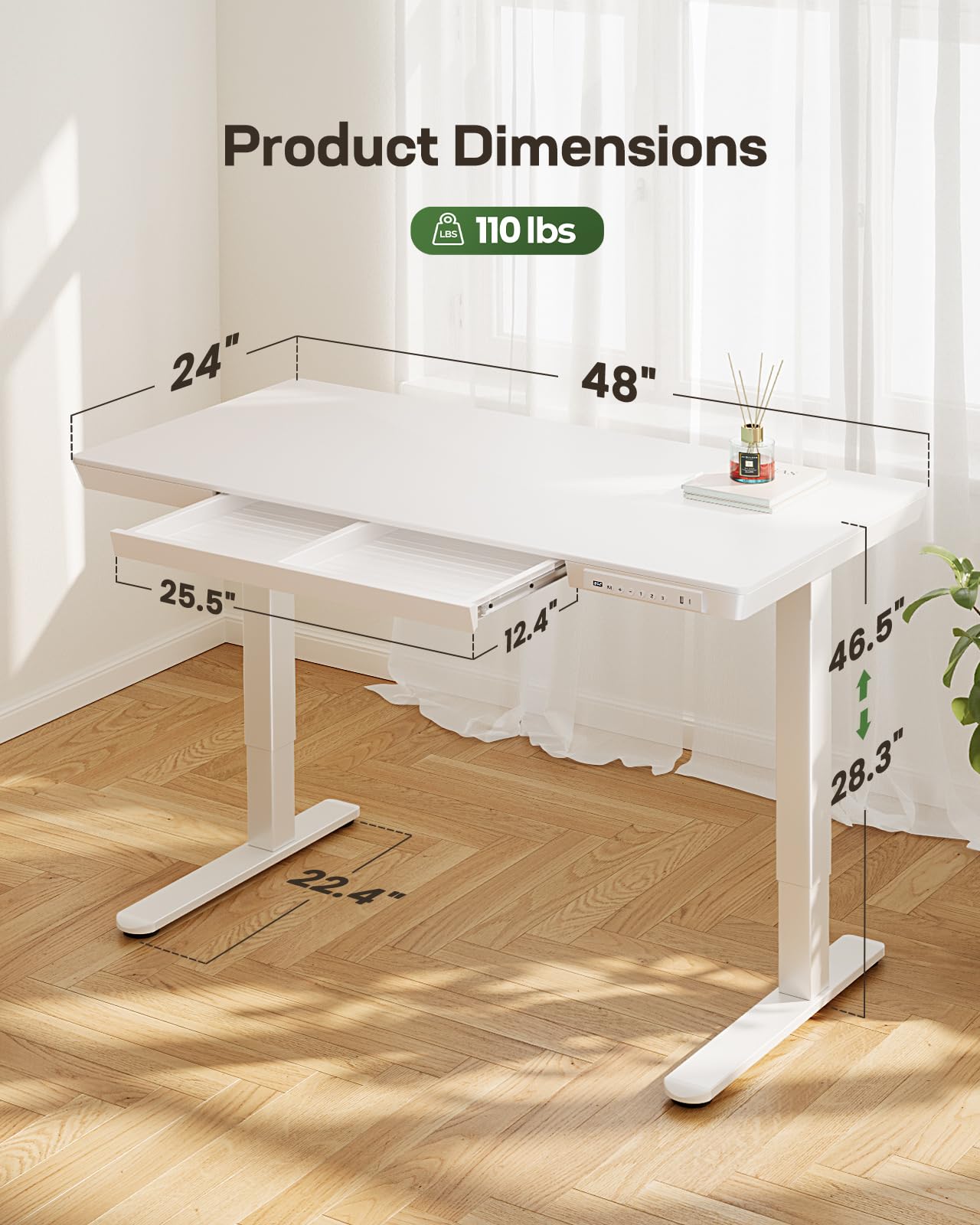 Marsail Electric Standing Desk with Drawers,48 x 24 inch Height Adjustable Standing Desk, Whole-Piece Table with Storage & USB Charging Ports, Small Computer Desk for Home Office White