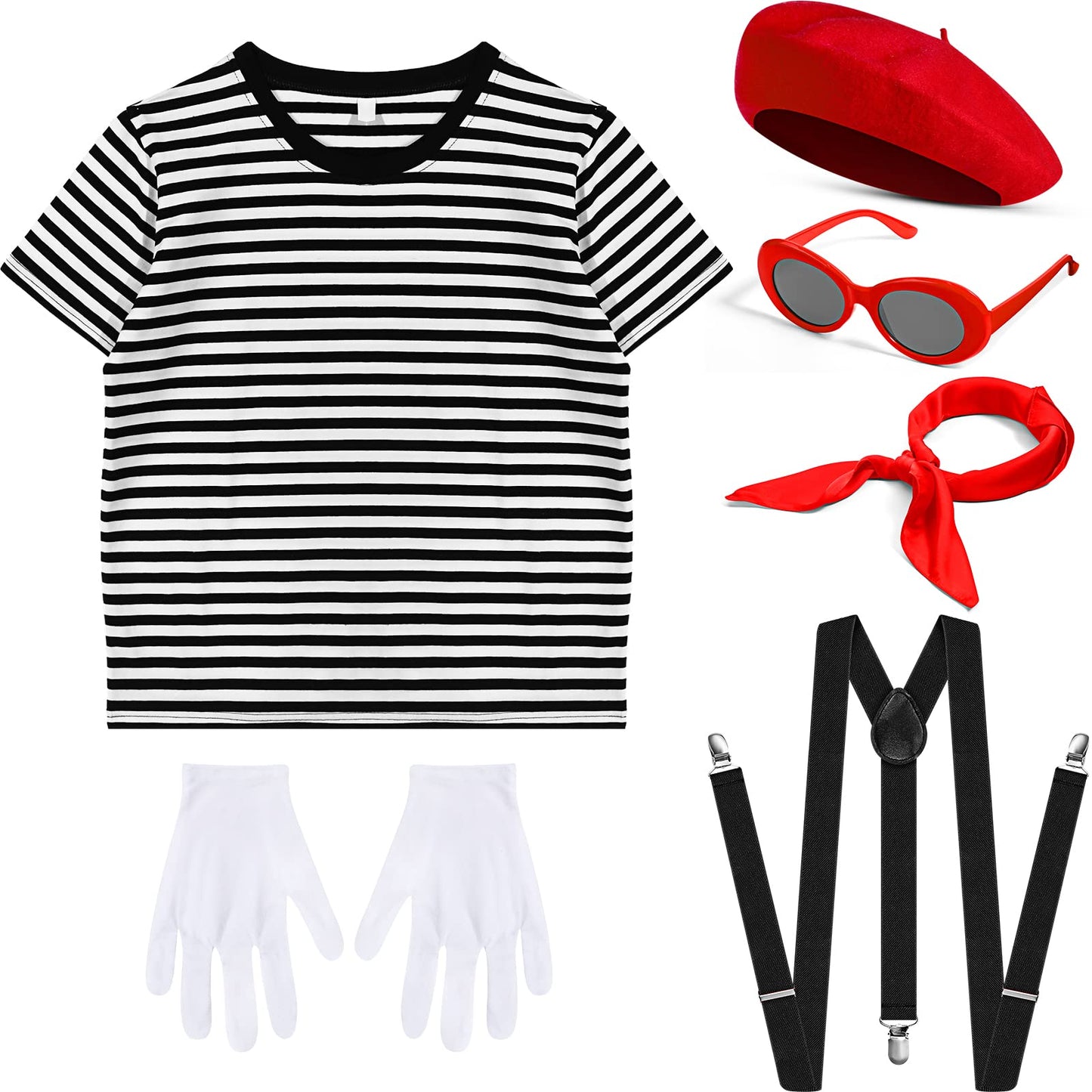 Zhanmai French Mime Artist Costume Set for Women Red Beret Sunglasses Neck Scarf Gloves Suspenders for Costume Party(M)