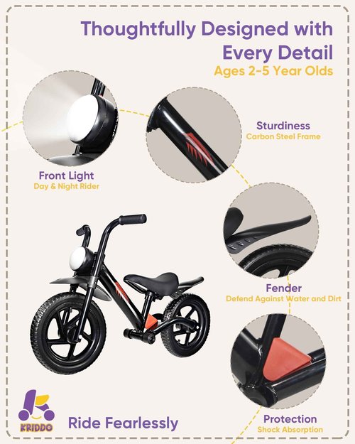 KRIDDO Kids Balance Bike for 2-5 Years, with Front Light, Upgraded Tires for All Terrain, Upgraded Bearing for Smooth and Stable Riding, Front and Rear Fenders, Adjustable Seat, Black