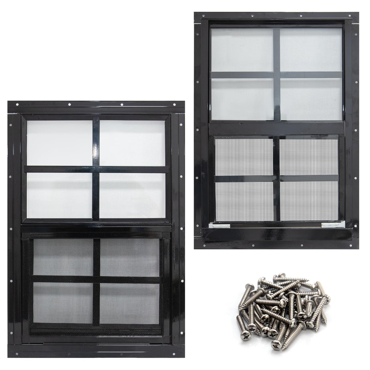 NeatiEase 2 Pack Shed Window with Black Frame, 24 x 36 Flush Mount Small Window with Tempered Glass and Fiberglass Screen for Shed, Chicken Coop, Playhouse, Household, Garage