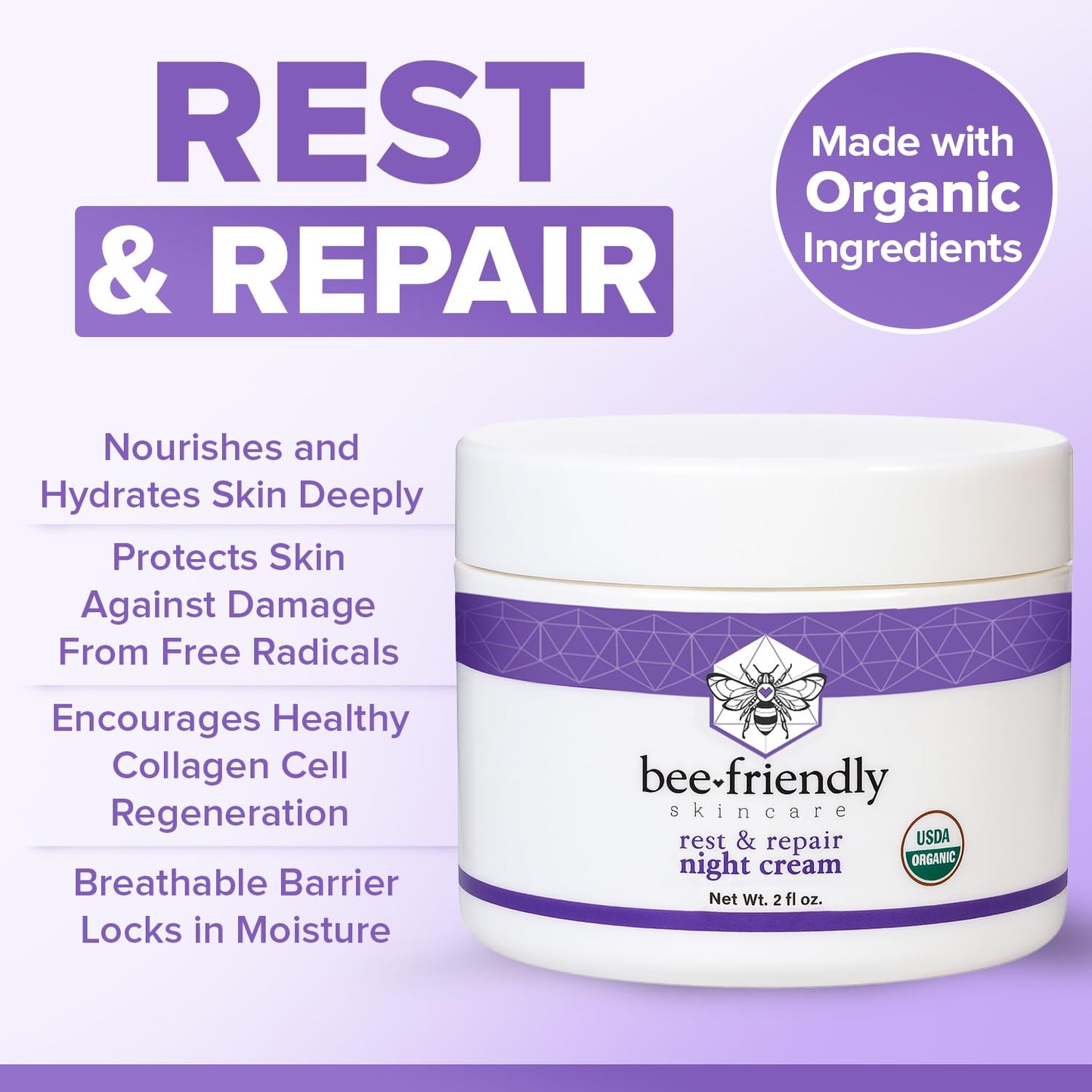 BeeFriendly Organic Night Cream, USDA Certified Organic, Deep Hydrating & Moisturizing Night Time Eye, Face, Neck & Decollete Cr