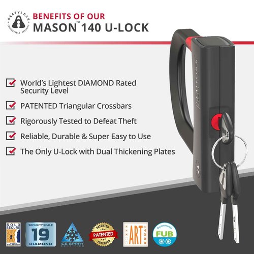 Seatylock Mason Bike U Lock - Patented Heavy Duty Anti Theft Diamond Secure ULock - Ultra Security Bicycle Safety Tool with Keys for City Electric or Mountain Bikes and Scooters (5.5 Inch)