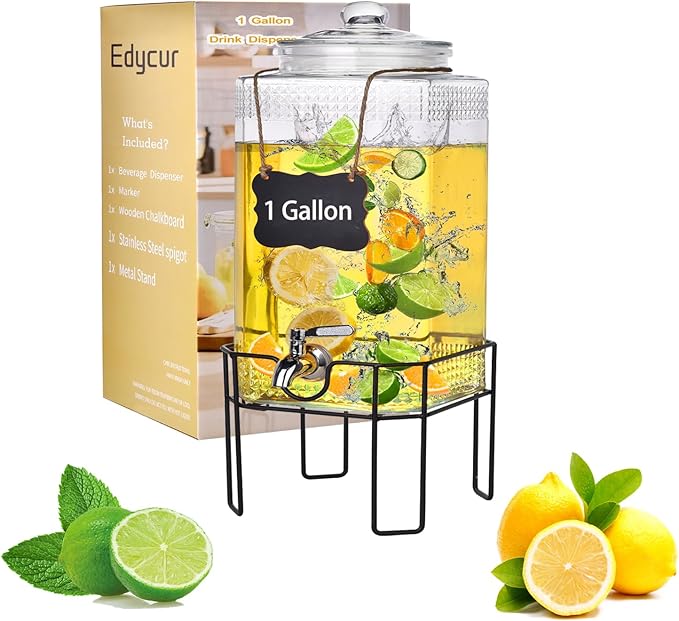 Drink Dispenser, Drink Dispensers for Parties, 1 Gallon Glass Beverage Dispenser with Stand and Glass Lid, 100% Leakproof ...