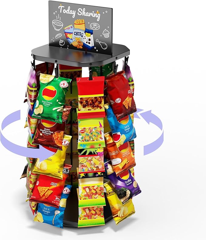 Chip Rack Display Stand with Heavy-Duty 360° Smooth-Rotating Metal Base, 5 Tiers 40 Clips Chip Bag Holder Display, Candy S...