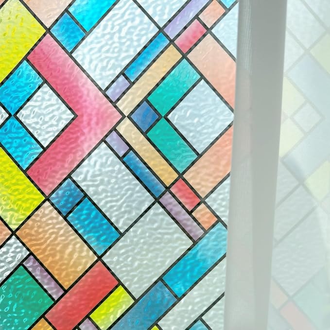 Window Film Privacy Classy Colorful Glazed Tiles Stained Glass Sliding Door Coverings Static Cling Frosted Church Tints Cover Contact Paper Non-Adhesive Heat Control Anti UV Reusble,35x78.7in.