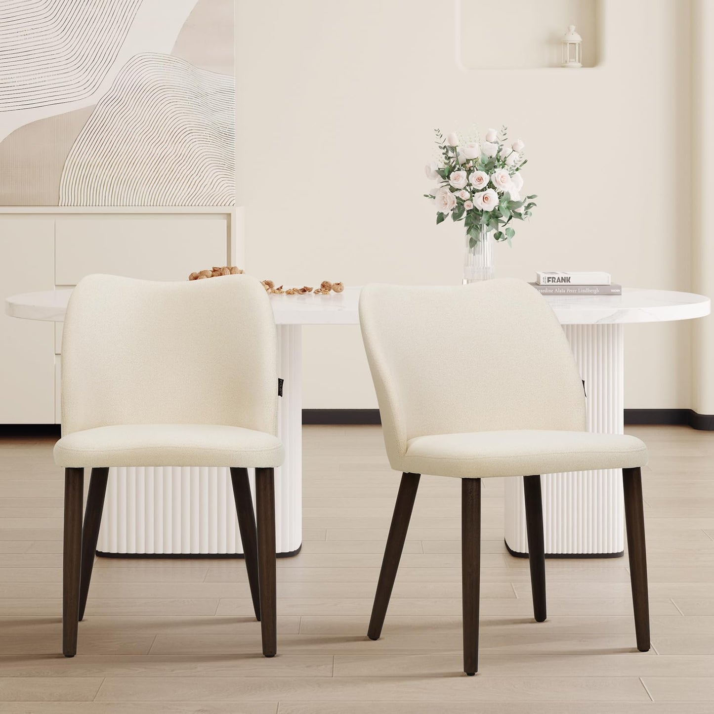 Wooden Dining Chairs Set of 2, Upholstered Kitchen Dining Room Chair, Modern Fabric Farmhouse Dinner Chair for Restaurant & Cafe, Beige