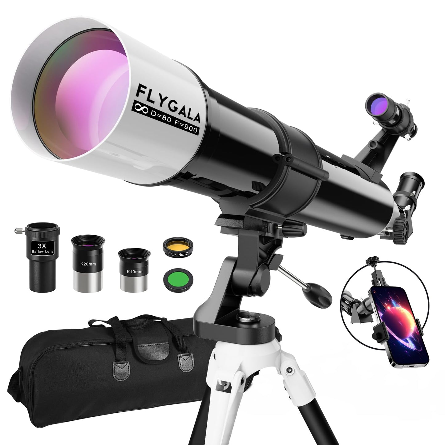 FlyGala Telescope for Adults High Powered Astronomical,80mm Aperture 900mm Professional Refractor Telescopes for Astronomy Beginners 36-270X FMC with AZ Mount Tripod,Carrying Bag,Phone Adapter