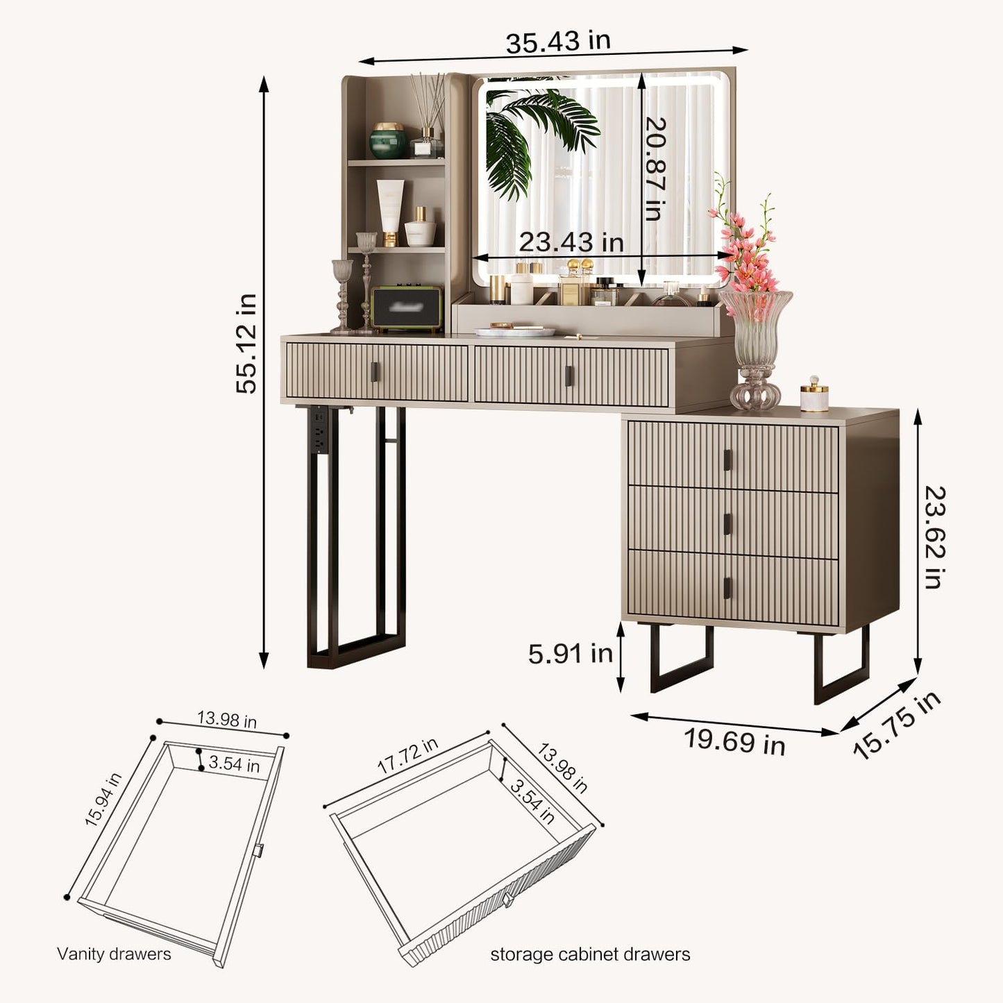 Ieejdn Large Vanity Desk with 3 Color Touch Screen Dimming Mirror, Vanity Desk with Charging Station, Modern Retractable Makeup Dressing Table, Makeup Table with Storage Shelves and 5 Sliding Drawers