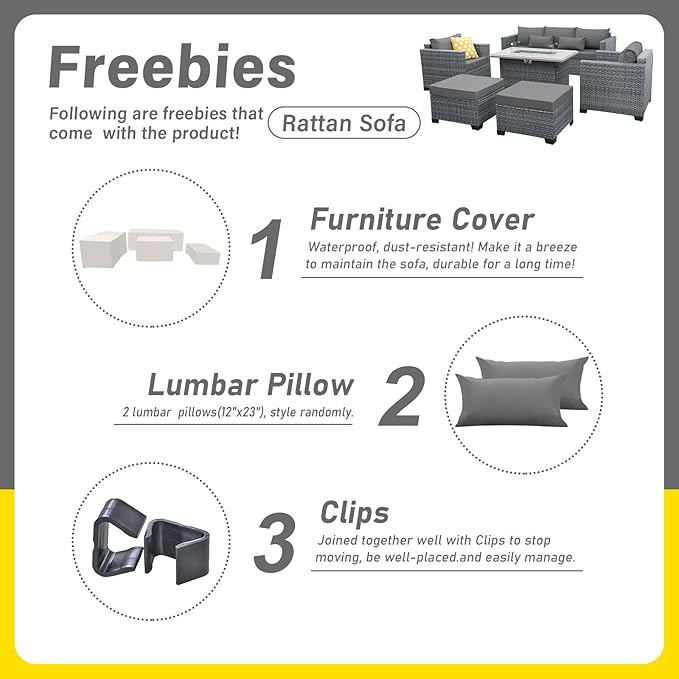 Lviden 6 Pieces Wicker Patio Furniture Sets Outdoor Conversation Set HDPE Rattan Sectional Sofa Couch with 45" Fire Pit Table and Grey Cushions