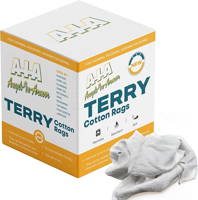 Angel-in-Armor White Terry Cloth Rags (16” x 19”) – 25lb Bulk Box of 100% Cotton Cleaning Rags (175 Units) – Reclaimed Towels for Plumbers, Shop Use, Janitorial, and Commercial Cleaning