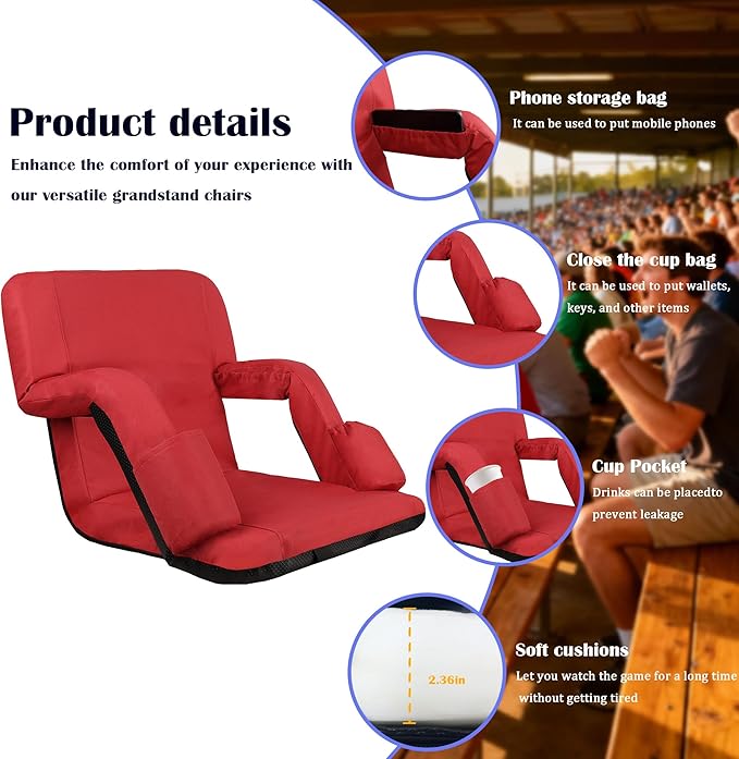 Anmiro Stadium Seats with Back Support Bleacher Chairs with Back and Extra Wide Cushion Thick Padded Bleacher Portable Reclining Seats for Football, Baseball and Basketball (Red, Medium)
